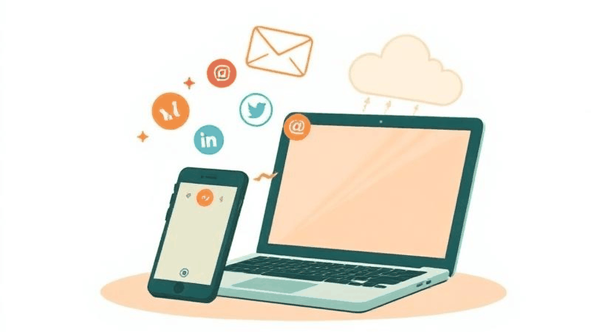Illustration of a laptop and phone showing online accounts and cloud storage