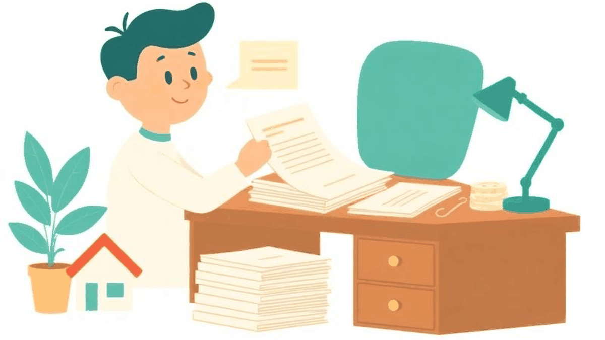 Illustration of a house, bank card and documents being gathered together as an estate