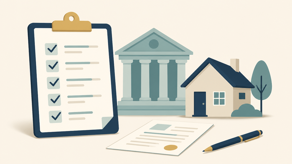 Illustration of a clipboard checklist beside a bank, a house, a document and a pen