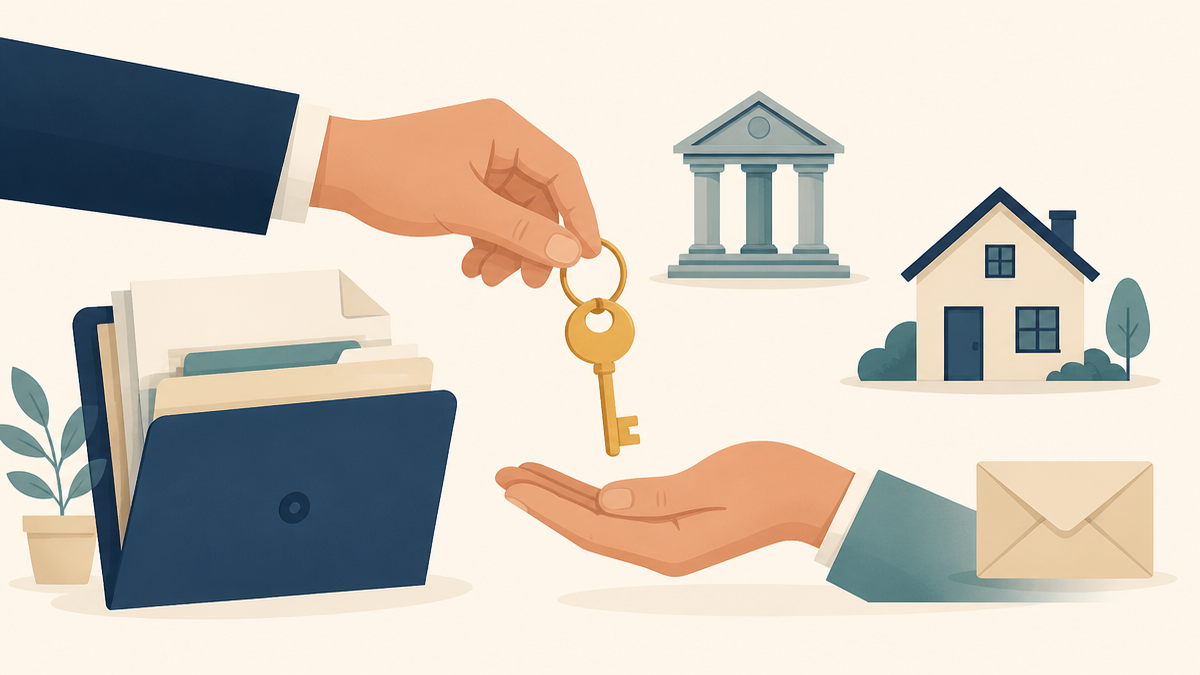 Illustration of a folder of documents and a key being handed over, beside bank, house and letter icons