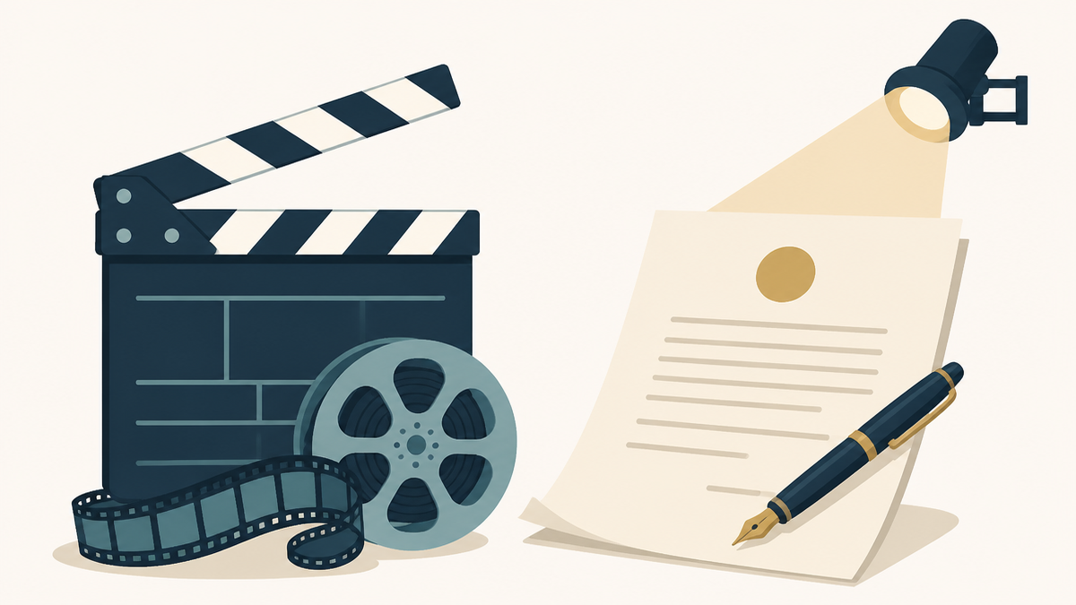Flat illustration of a film clapperboard and reel beside a plain will document and pen under a spotlight