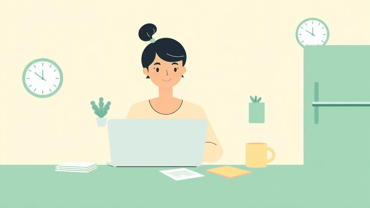 Illustration of a person at a kitchen table completing their will on a laptop with a clock on the wall