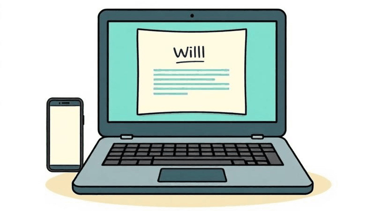Illustration of a will document alongside a house, savings and personal items