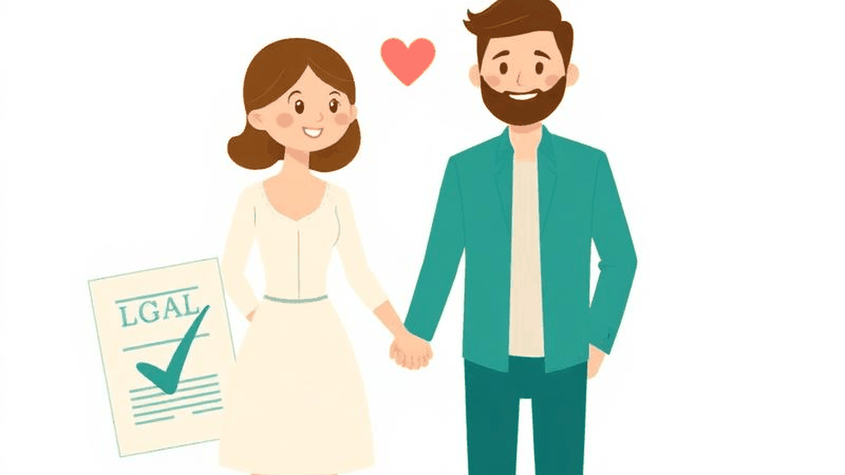 Illustration of a married couple sitting together reviewing paperwork at home
