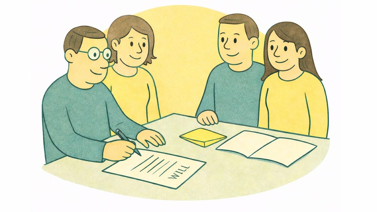 Illustration of two neighbours signing a document at a front door