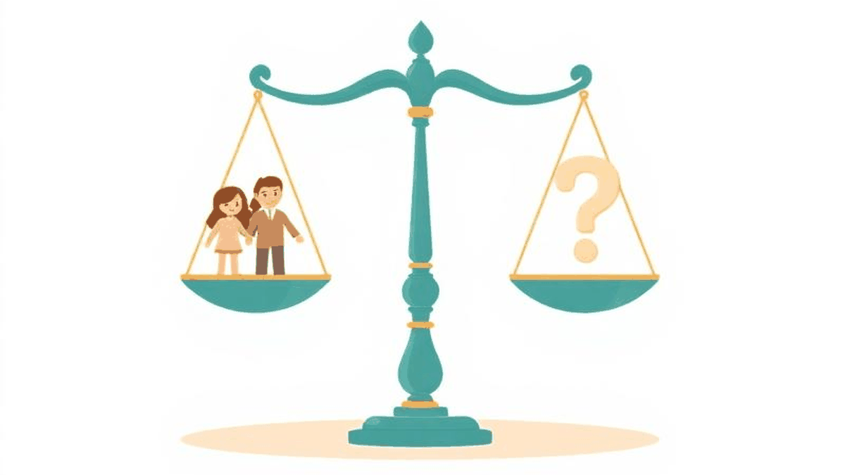 Illustration of a legal scale beside a family home, representing intestacy rules