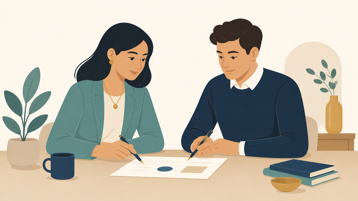 Illustration of two people sitting at a table reviewing a will document together