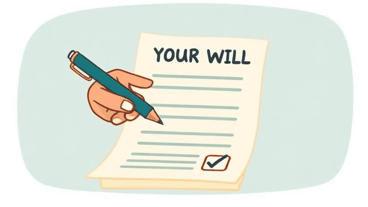 Illustration of a hand signing a will at a kitchen table with two witnesses present