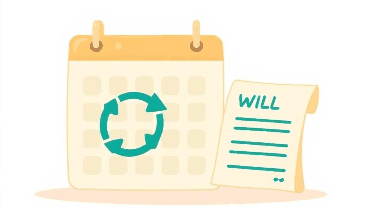 Illustration of a calendar beside a will document, representing reviewing a will over time