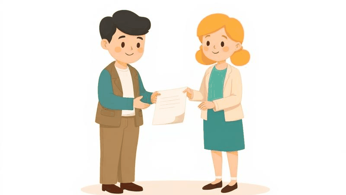 Illustration of two witnesses standing beside a will being signed at a table