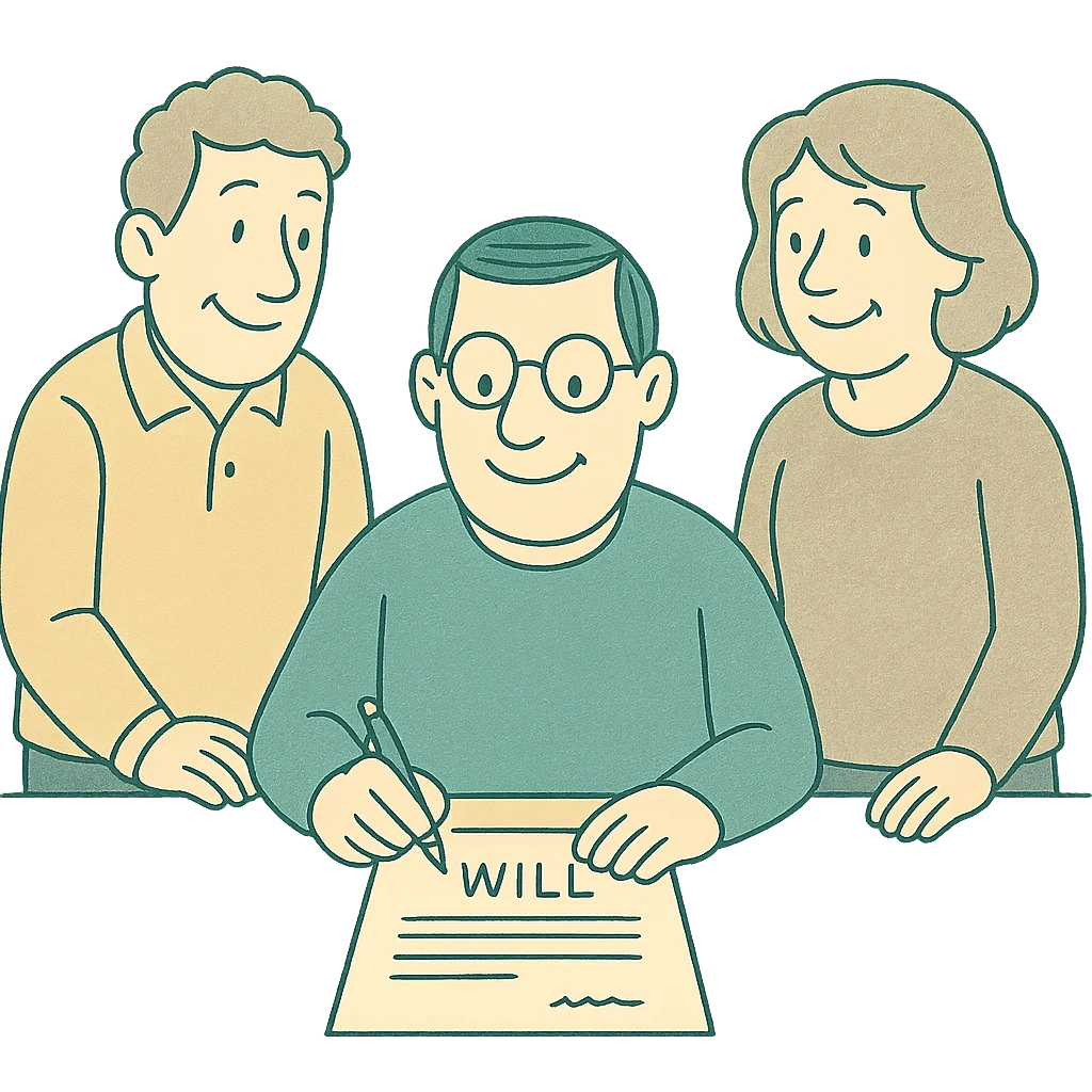 Person signing a will document with two witnesses