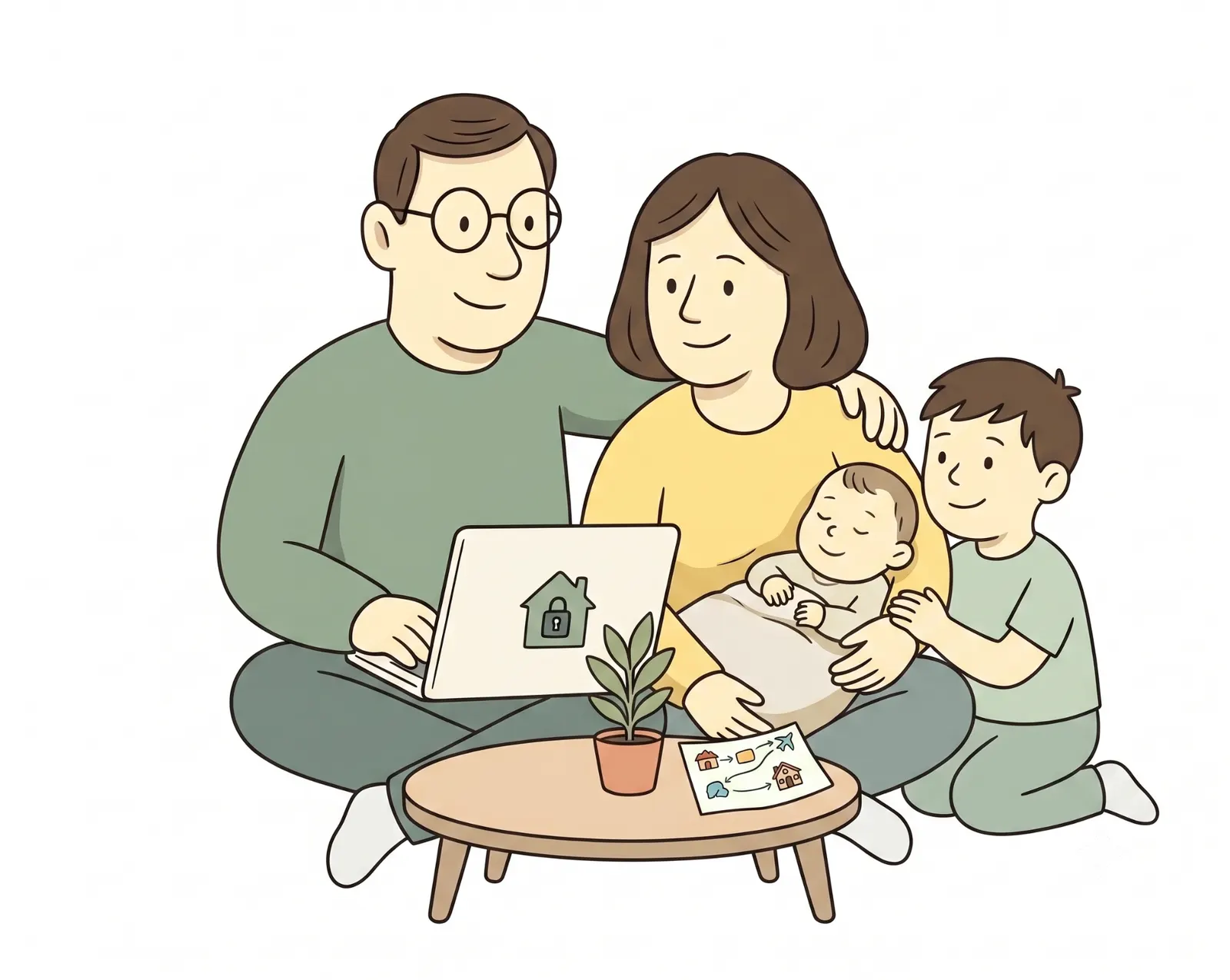 Irish family — two parents, a baby and a young child — planning a will together on a laptop